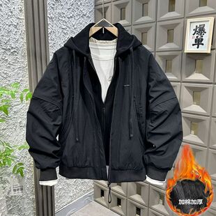 棉服男秋冬工装二棉连帽外套2025春秋夹克潮牌休闲宽松冲锋衣棉衣