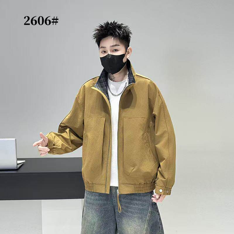韩版轻奢复古格纹拼接立领男士春秋潮流新款抗皱休闲简约夹克外套