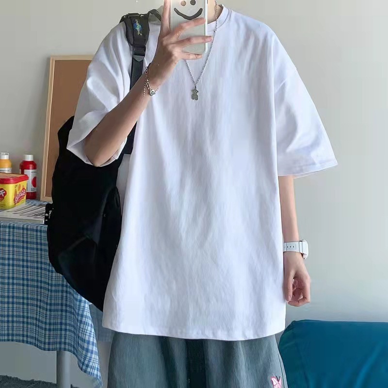重磅纯棉夏季潮流纯色纯白百搭宽松内搭半袖短袖T恤男打底上衣服