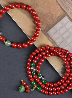 朱砂文玩手链佛珠手串男女款多圈手链男士本命年红色DIY手饰品