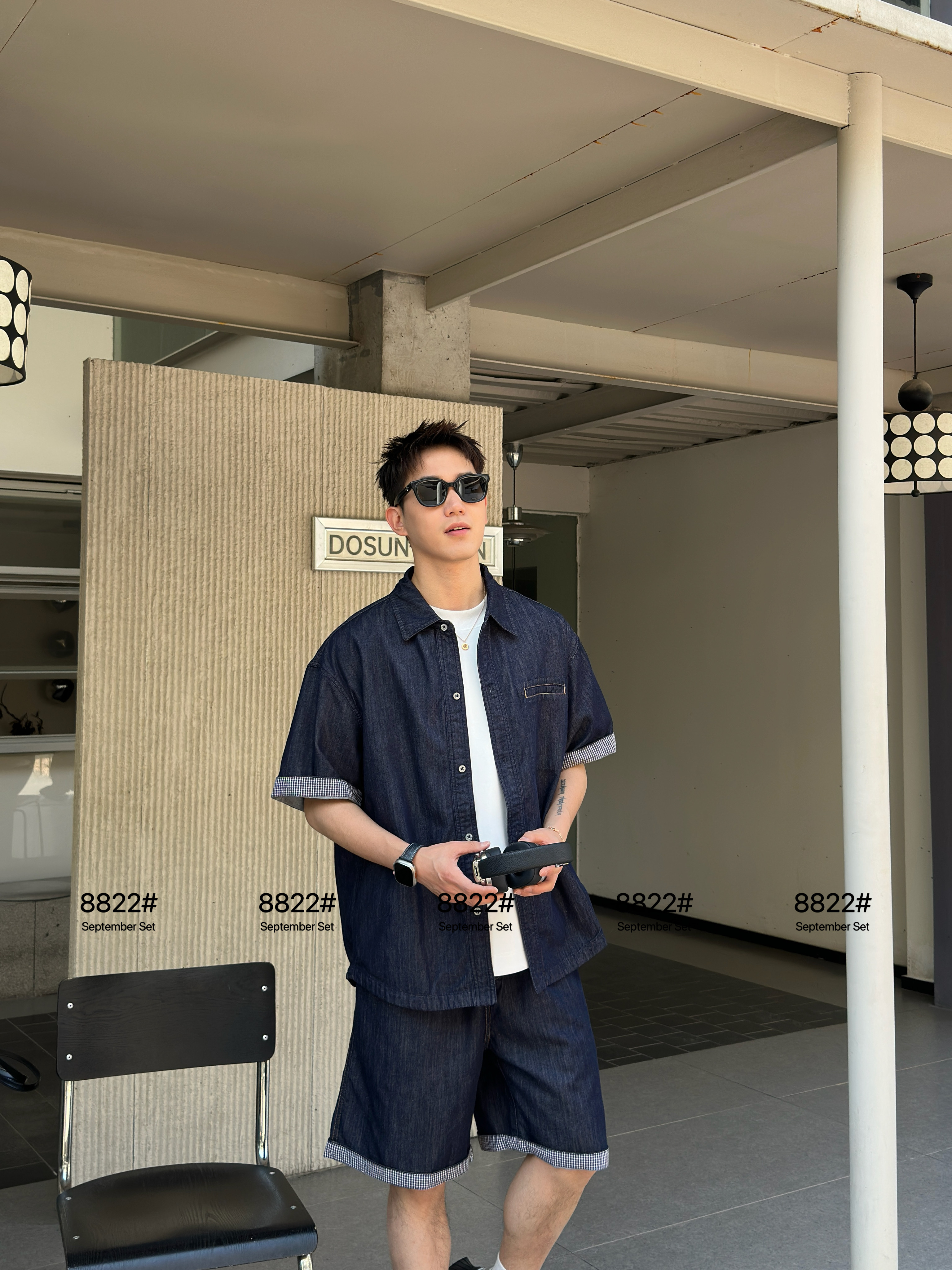 实体时尚潮流夏季新款牛仔套装男休闲百搭短袖衬衫短裤宽松两件套