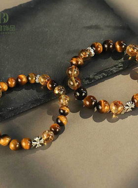 8mm黄虎眼十字架水晶手链女时尚百搭高级感黄塔水晶手串批发