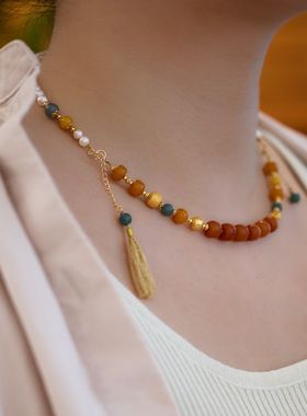 天然蜜蜡项链女淡水珍珠新中式扎基拉姆锁骨链双用款叠戴手链批发