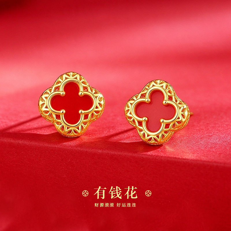 原创纯银幸运镂空有钱花耳钉女红玛瑙四叶草中国风耳环耳饰品批发