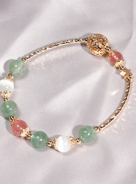 巴度红绿草莓晶猫眼石闺蜜手链女月光石金发晶手串潮流手工珠链