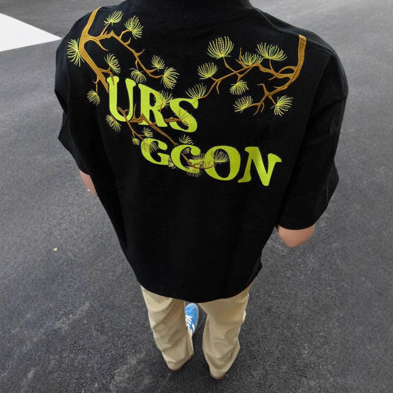 迎客松植绒刺绣t恤男款夏季美式高街潮牌短袖青少年痞帅纯棉半袖