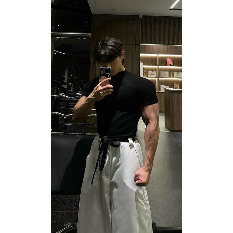 重磅健身显肌肉T恤男士收紧袖口冰丝短袖速干打底衫内搭三分袖