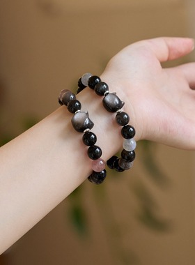 天银曜石草莓晶情侣手串新中式萌猫头手串送女友闺蜜生日礼物批发