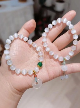 国潮猫眼石串珠手链女ins小众设计平安扣莲花吊坠珠子手串手饰品