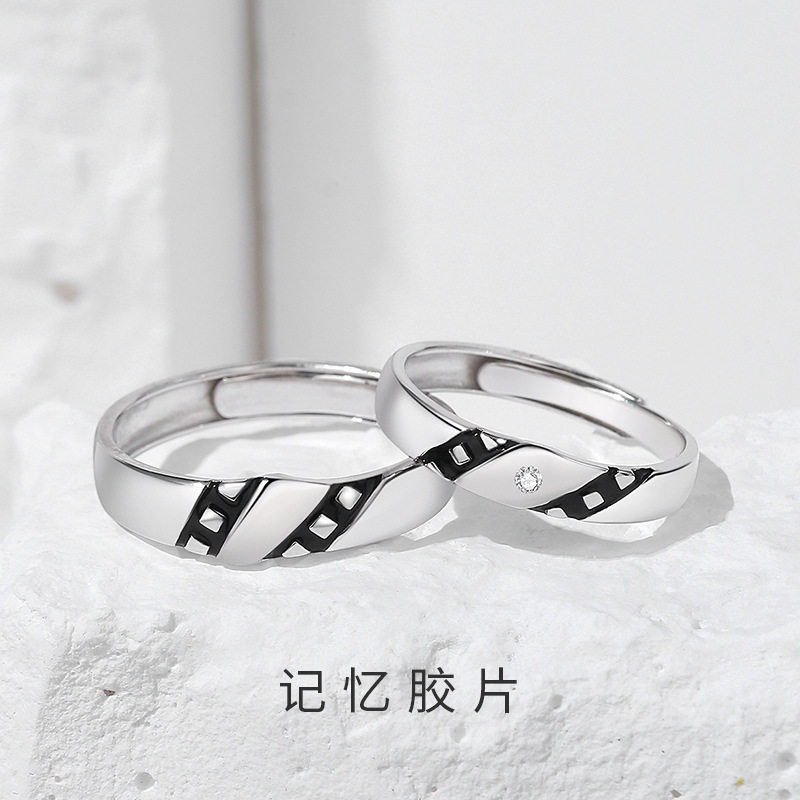 原创记忆胶片情侣戒指925纯银小众设计感珐琅滴胶对戒黑白开口戒