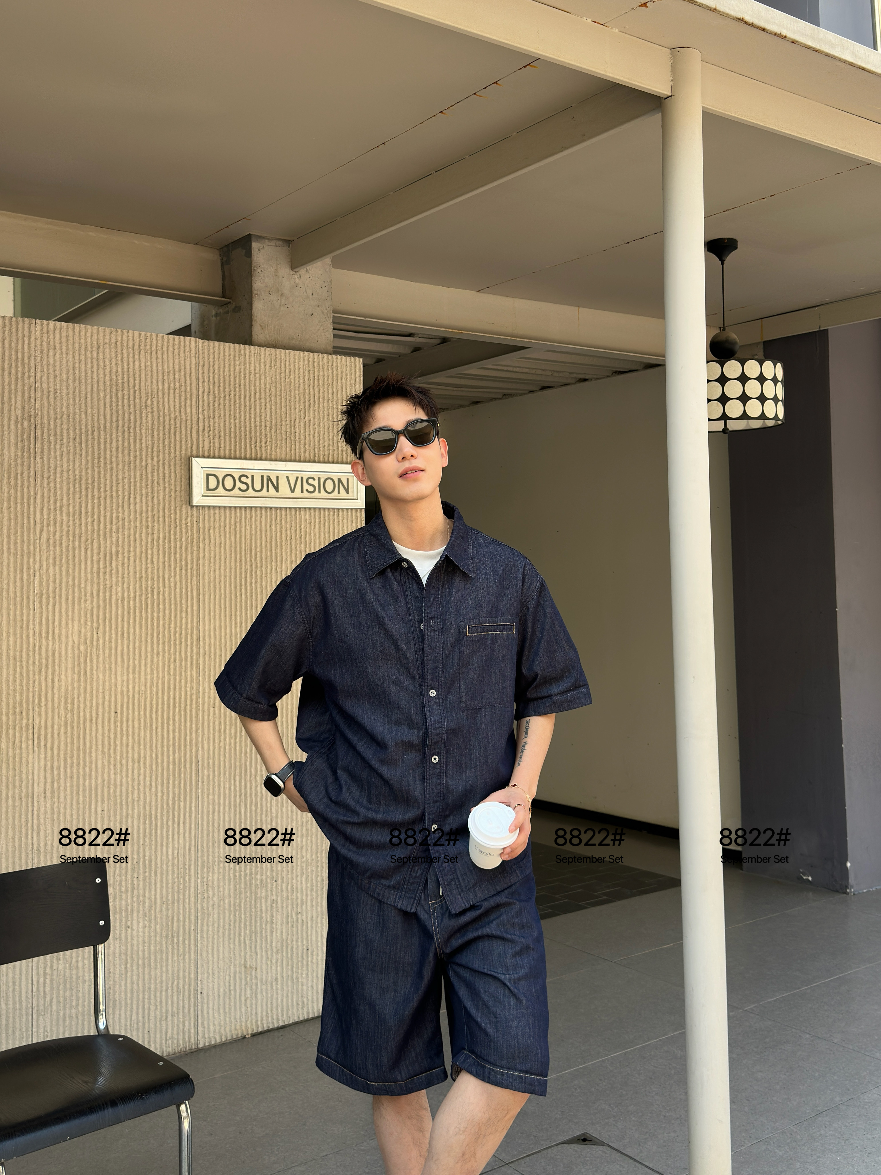 实体时尚潮流夏季新款牛仔套装男休闲百搭短袖衬衫短裤宽松两件套