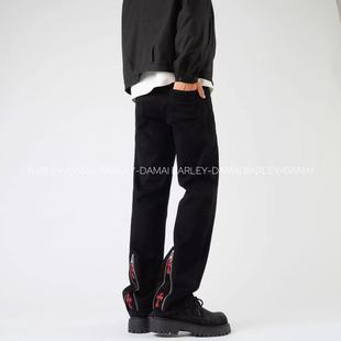 实体十字架黑微喇牛仔裤男款秋冬季欧美高街vibe风裤子潮牌直筒裤