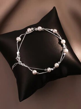 925纯银天然珍珠双层手链女韩版百搭ins高级感叠戴手串圆珠手饰品
