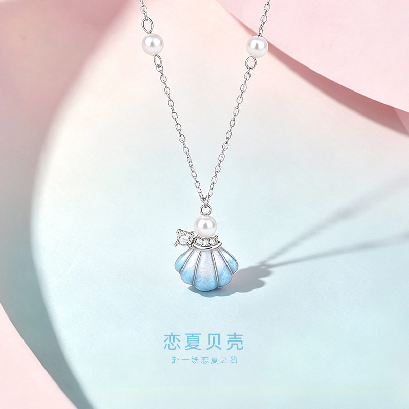 原创恋夏贝壳珠光项链女925纯银海洋风小众锁骨链网红同款项饰品