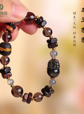 新中式天然粉水晶貔貅串珠手链女文艺复古天然檀木冰曜石手串批发