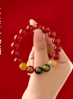 批发天然红玛瑙五路财神手链新国潮男女士热销本命年红色爆款手串