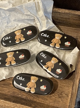 复古小熊蛋糕发夹黑色椭圆鸭嘴夹少女可爱卡通刘海夹