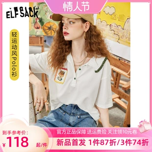 新款 宽松学院风上衣 t恤女2023夏季 妖精 口袋Y质感polo领短袖