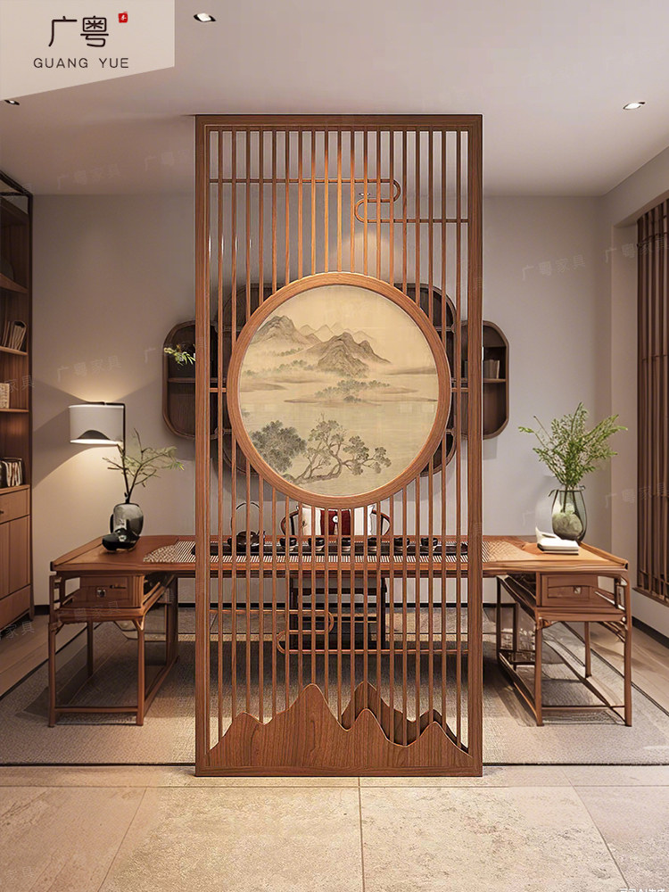 宋代美学玄关屏风隔断客厅实木新中式入户正对门格栅装饰茶室家用