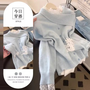胖东来2025秋冬新款设计感小心机蕾丝打底衫软糯蓝色针织毛衣气质