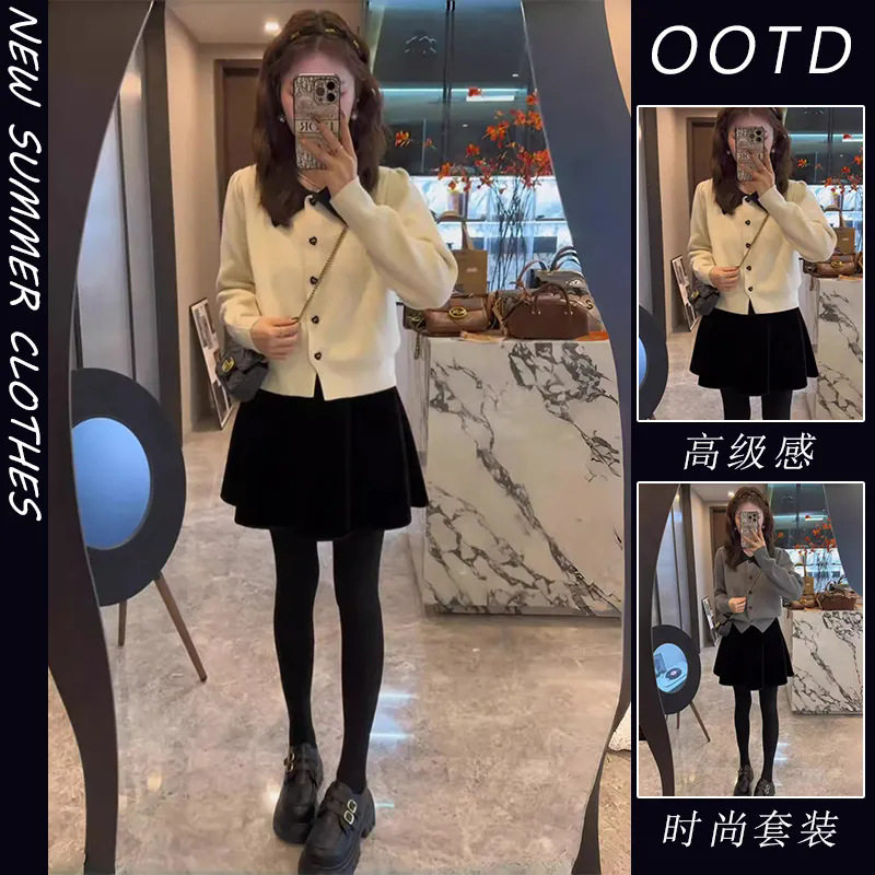 胖东来单件/初冬装新搭配时尚拼色翻领气质毛衣开衫丝绒半身裙小 - 实物图