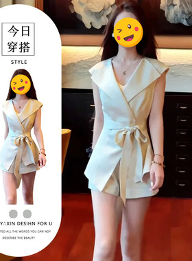 胖东来御姐风高级感气质套装女夏季白色翻领无袖系带上衣高腰短裤
