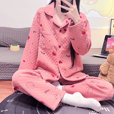 空气棉大码200斤胖mm夹层睡衣女秋冬季加厚保暖可外穿家居服套装