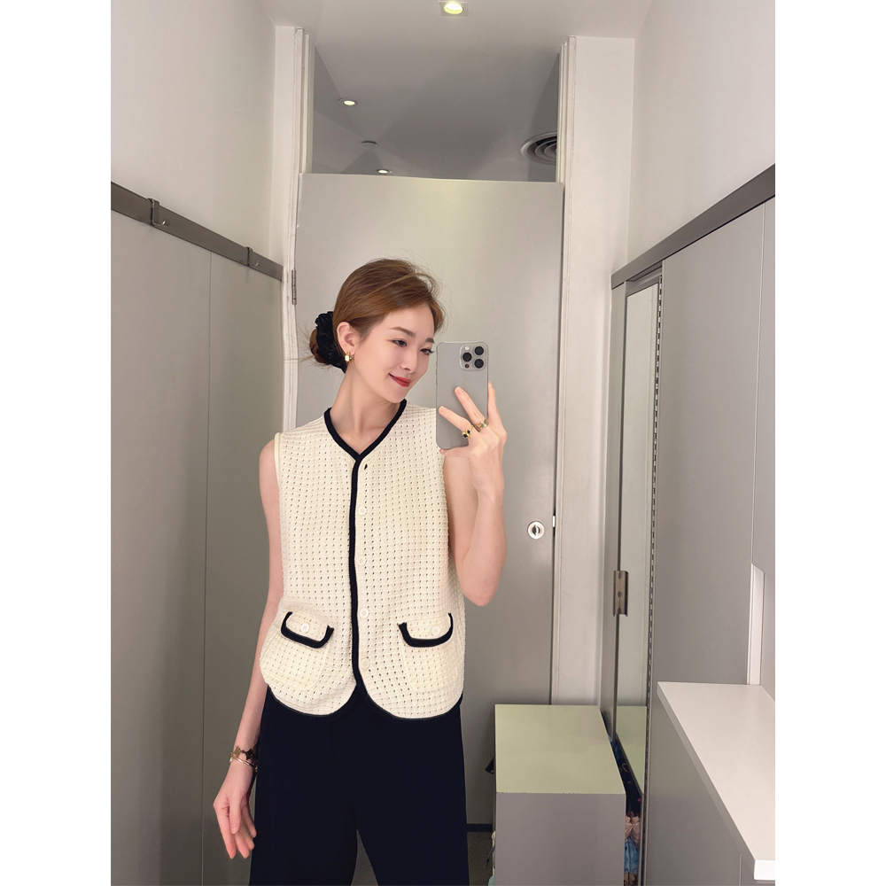 25夏季新款小香风镂空黑白撞色马甲高质感经典白色坎肩背心上衣女