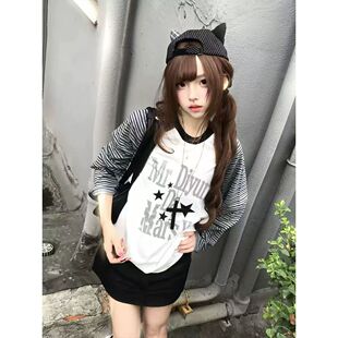 韩系星星字母条纹长袖t恤女春秋新款少女大童学生宽松学院风上衣