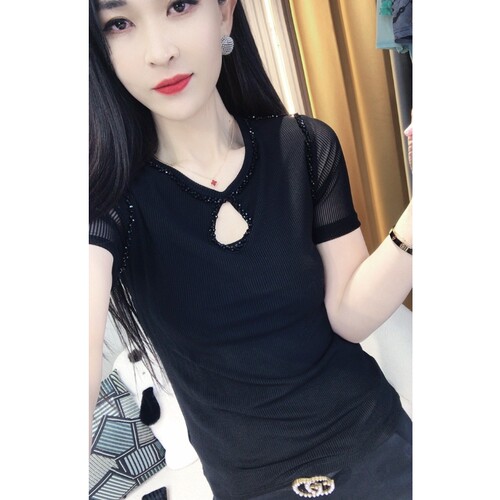 夏季新款时尚网纱拼接短袖T恤女