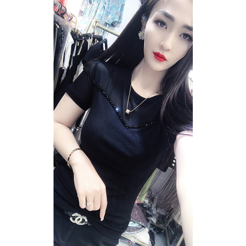 短袖欧货网纱钉珠小衫