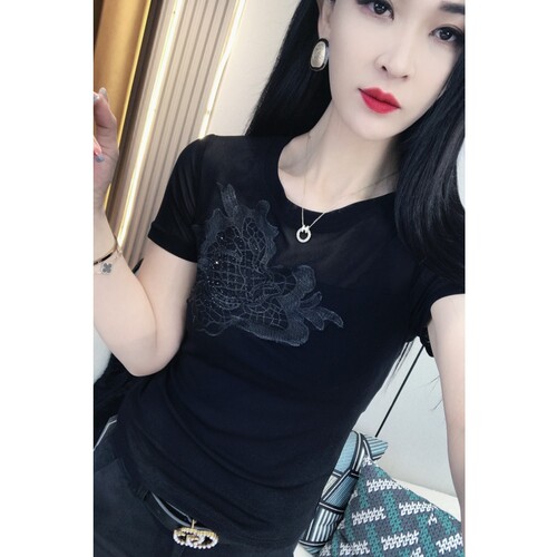 欧货夏季新款刺绣烫钻网纱短袖T恤女圆领修身上衣时尚洋气小衫潮