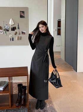 LS述致 高级灰色无袖背心连衣裙女2025冬季毛呢新款长裙女装61199