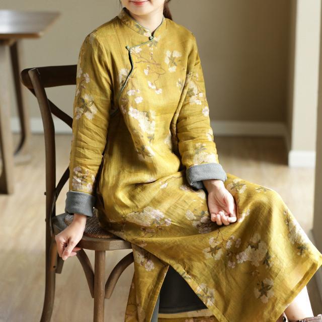 中式苎麻宽松改良旗袍子加绒连衣裙女冬季文艺复古裙子女冬款女装