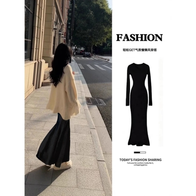 黑色穿搭v领步步生莲鱼尾裙女冬季针织内搭连衣裙v领赫本风连衣裙