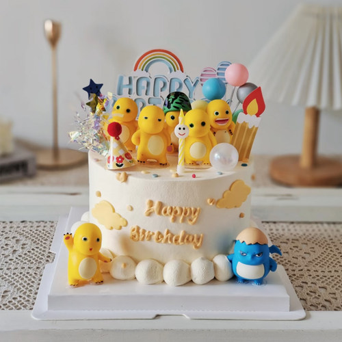 网红胖胖小奶龙蛋糕装饰摆件可爱黄色小奶龙恐龙HBD生日烘焙插件