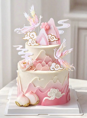网红烘焙蛋糕装饰摆件山水古风中式仙鹤凤凰妈妈奶奶生日祝寿插件