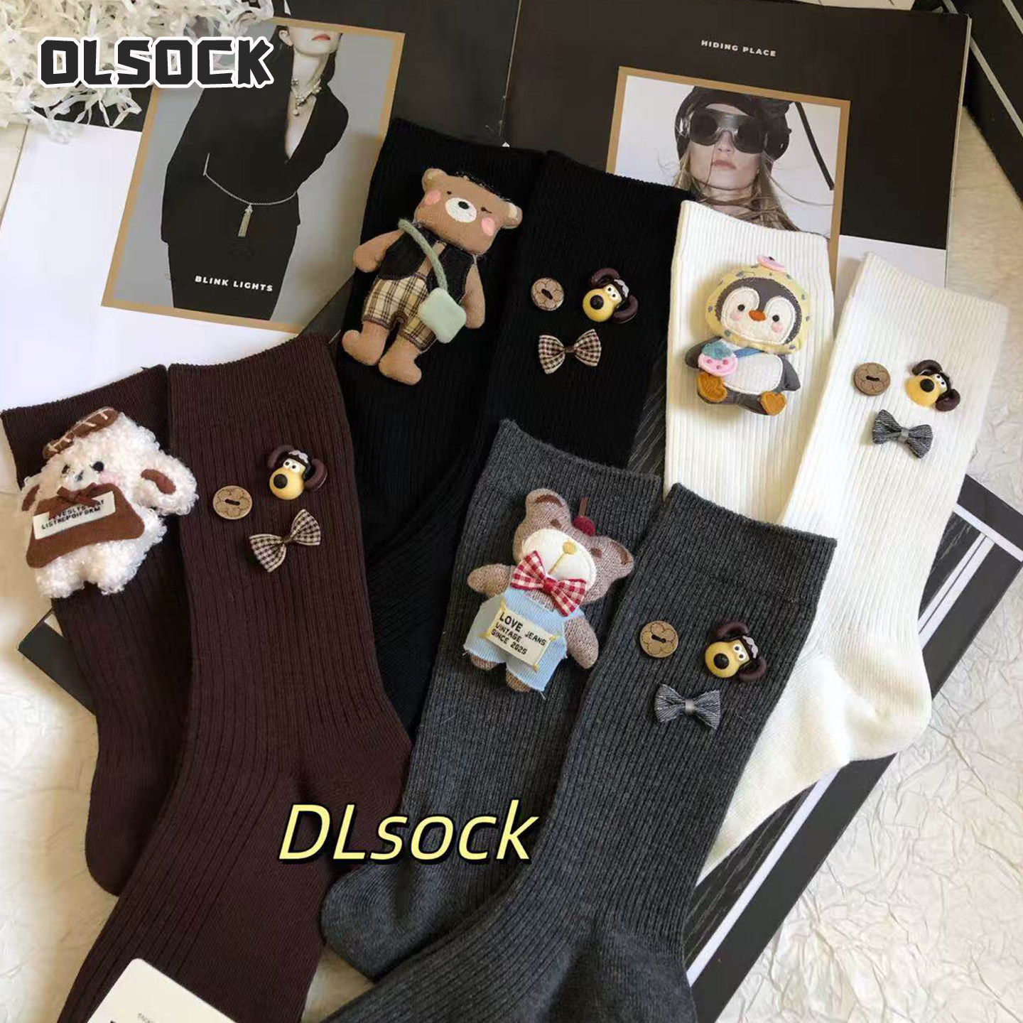DL早春新款重工卡通玩偶中筒袜子女Ab面韩版小熊纯棉袜子蝴蝶结图片