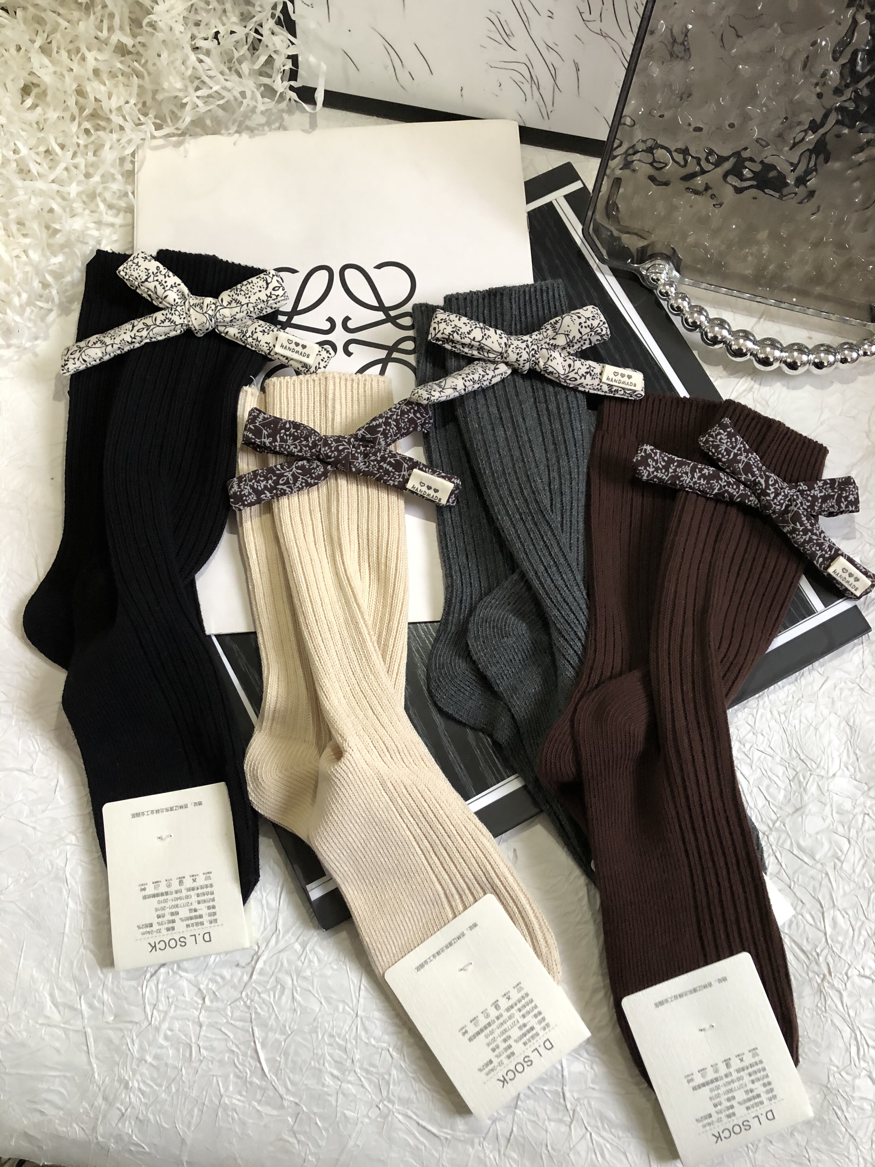 DLSOCK 2025秋冬新款格子蝴蝶结堆堆袜女小清新黑白灰中筒袜
