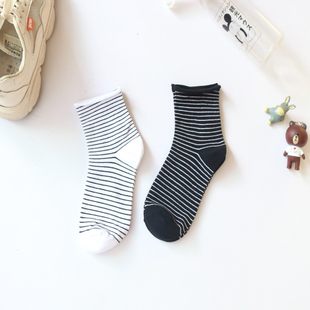 黑白条纹袜子女中筒松口卷边学院风纯棉堆堆袜日系复古细条韩版潮