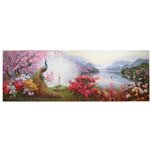 孔雀花园 饰画手绘油画原稿客厅画朝鲜画金正国 治愈系装