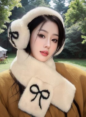 YYFUR秋冬女士蝴蝶结手针拼接仿貂绒毛绒围巾毛毛围脖仿新款