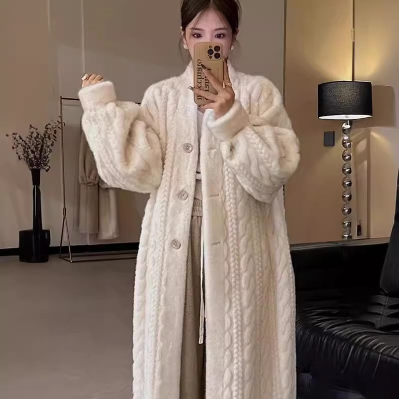 加厚长款仿水貂毛绒麻花貂开衫皮毛一体环保皮草外套毛毛大衣女冬