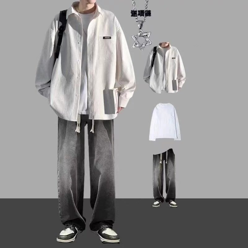 牛仔裤衬衣套装春秋宽松男款搭配休闲男生一套华夫格长袖衬衫条纹,男装,休闲运动套装,淘宝优惠券,粉丝福利购,淘宝优惠卷