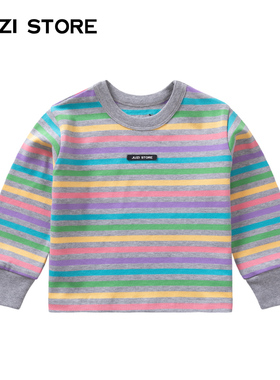 JUZI STORE童装春秋季粗针彩虹条纹上装长袖T恤中性男女童1113007