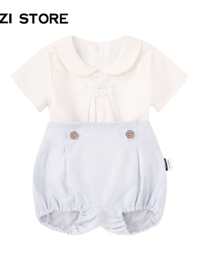 JUZI STORE童装亚麻复古短袖短裤套装女童1924554