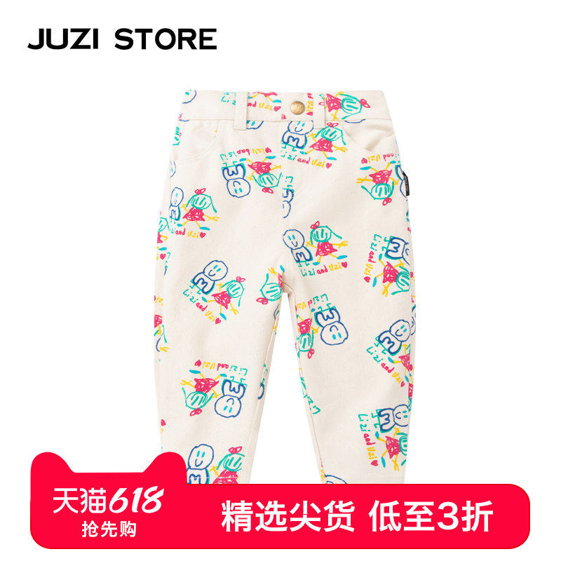 JUZI STORE童装纯棉帆布涂鸦卡通印花下装长裤中性男女童1
