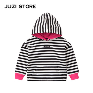 STORE童装 JUZI 秋季 纯棉卫衣粗针条纹连帽套头衫 男女童1013003