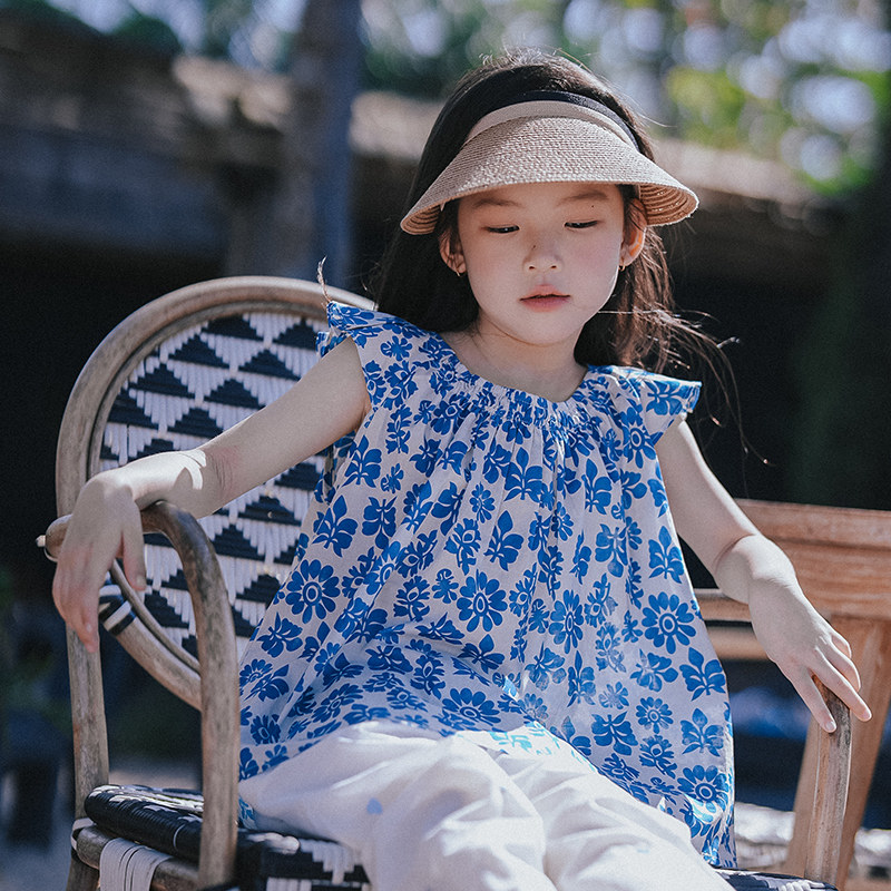史豌豆童装女童满印飞袖衬衫2026夏季新款中大童洋气轻薄时髦小衫