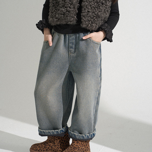 PISELLI史豌豆女童冬装新款牛仔裤中大童百搭复古加绒休闲直筒裤